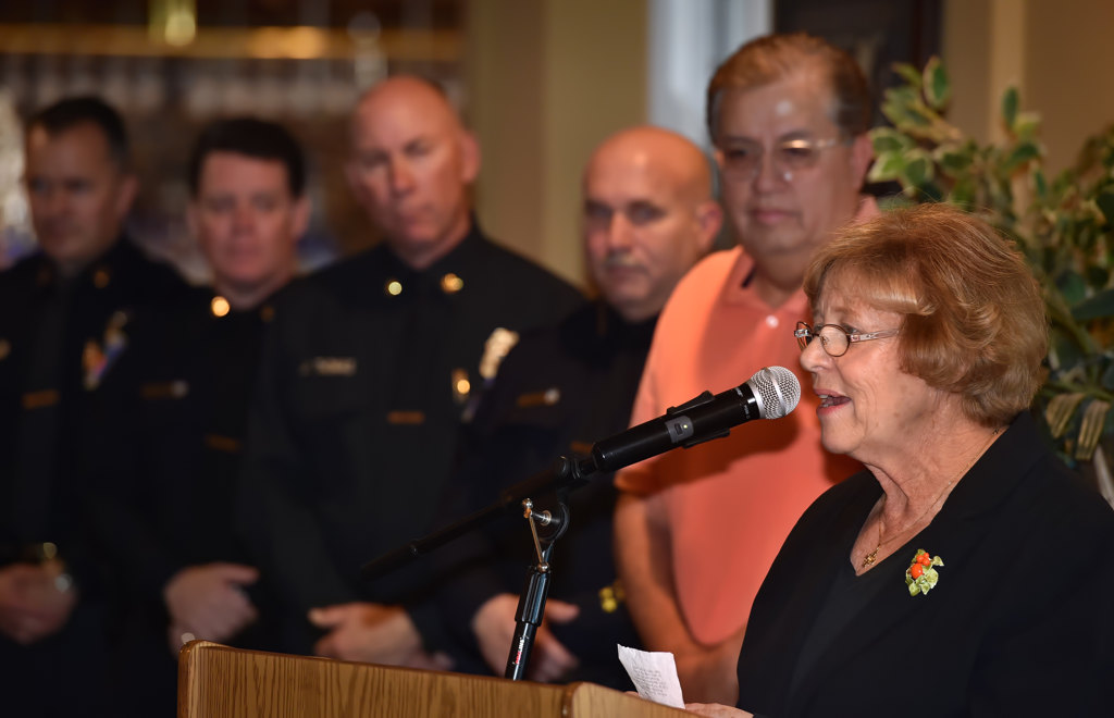 City of Orange Mayor Theresa Smith thanks the officers and fighters who helped save the life of Orange PD Officer Sharif Muzayen. Photo by Steven Georges/Behind the Badge OC