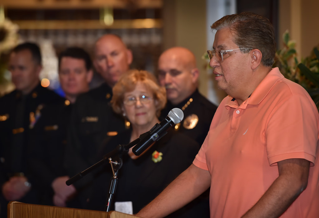Councilmember Mike Alvarez during a ceremony honoring those who helped save the life of Orange PD Officer Sharif Muzayen. Photo by Steven Georges/Behind the Badge OC