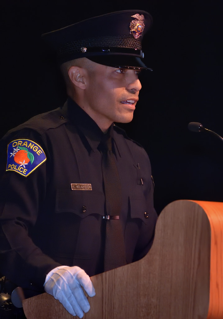 Orange PD Recruit Eric Velazquez gives the class president’s speech during the GWC Police Academy class of 153 graduation ceremony. Photo by Steven Georges/Behind the Badge OC