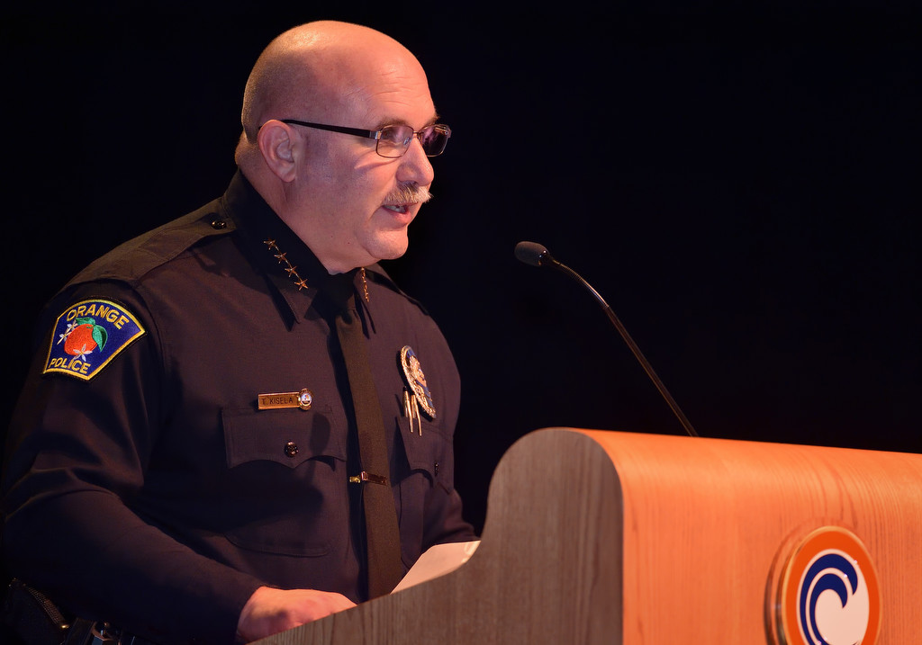 Orange Police Chief Tom Kisela gives the keynote speech for the GWC Police Academy class of 153 graduation ceremony. Photo by Steven Georges/Behind the Badge OC