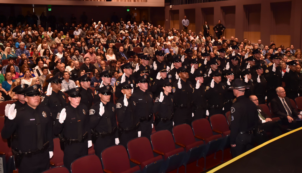 Golden West College Police Academy Class 153 graduation recruits take the Law Enforcement Code of Ethics oath at the conclusion of graduation ceremonies at Orange Coast College. Photo by Steven Georges/Behind the Badge OC